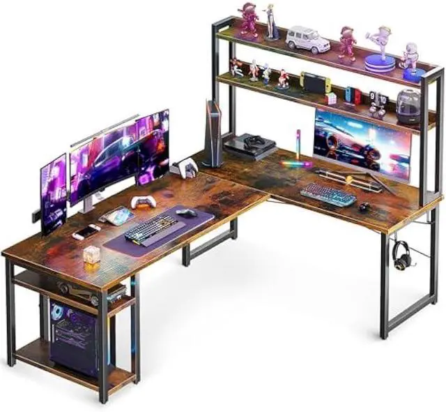 Main image of ODK L Shaped Gaming Desk with Hutch, Computer Desk with Storage Shelves, 66 L Shaped Desk for Home Office, Corner Desk with Headphone Hook, Vintage