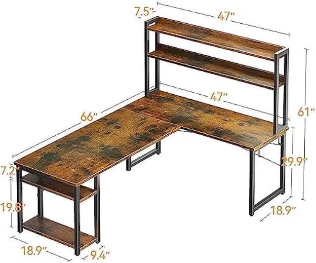 Alt view image 3 of 5 - ODK L Shaped Gaming Desk with Hutch, Computer Desk with Storage Shelves, 66 L Shaped Desk for Home Office, Corner Desk with Headphone Hook, Vintage