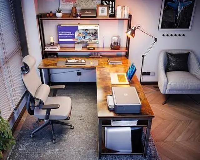 Alt view image 4 of 5 - ODK L Shaped Gaming Desk with Hutch, Computer Desk with Storage Shelves, 66 L Shaped Desk for Home Office, Corner Desk with Headphone Hook, Vintage