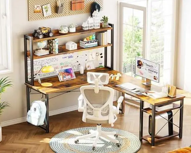 Alt view image 5 of 5 - ODK L Shaped Gaming Desk with Hutch, Computer Desk with Storage Shelves, 66 L Shaped Desk for Home Office, Corner Desk with Headphone Hook, Vintage