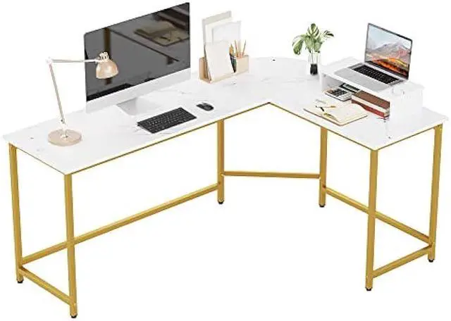 Main image of Weehom L Shaped Computer Desk with Monitor Stand, Reversible Corner Desk for Home Office, Modern PC Workstation Study Writing Table(White and Gold)