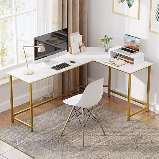 Alt view image 2 of 6 - Weehom L Shaped Computer Desk with Monitor Stand, Reversible Corner Desk for Home Office, Modern PC Workstation Study Writing Table(White and Gold)