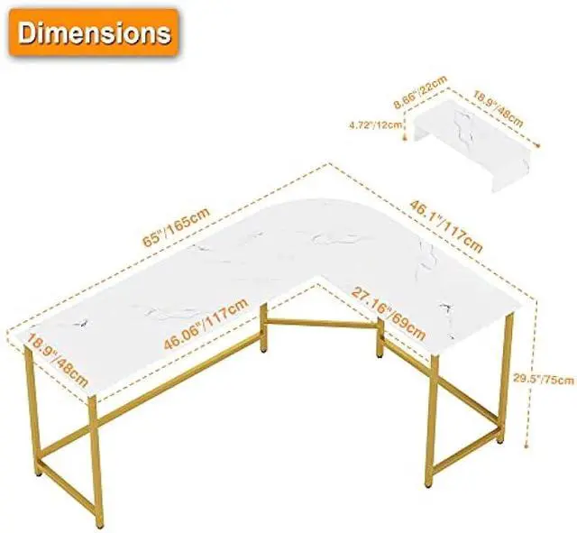 Alt view image 3 of 6 - Weehom L Shaped Computer Desk with Monitor Stand, Reversible Corner Desk for Home Office, Modern PC Workstation Study Writing Table(White and Gold)