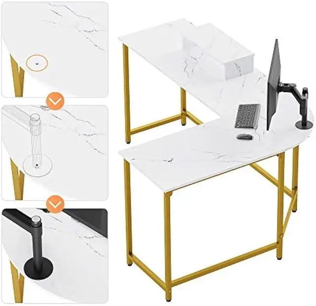 Alt view image 6 of 6 - Weehom L Shaped Computer Desk with Monitor Stand, Reversible Corner Desk for Home Office, Modern PC Workstation Study Writing Table(White and Gold)