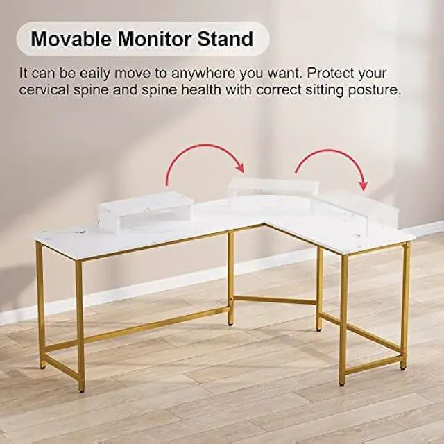 Alt view image 4 of 6 - Weehom L Shaped Computer Desk with Monitor Stand, Reversible Corner Desk for Home Office, Modern PC Workstation Study Writing Table(White and Gold)