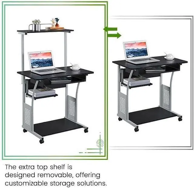 Alt view image 4 of 5 - Yaheetech 2 Tier Mobile Computer Desk with Printer Shelf & Keyboard Tray Rolling Computer Table for Small Spaces, Compact Study Workstation with Wheels, Space Saving, Black