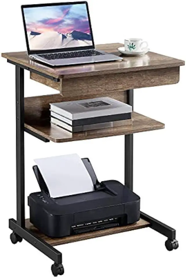 Main image of Topeakmart Rolling Computer Desk for Small Spaces, Laptop Computer Desk with Wheels, Mobile Standing Desk Compact Student Bedside Table Taupe Wood