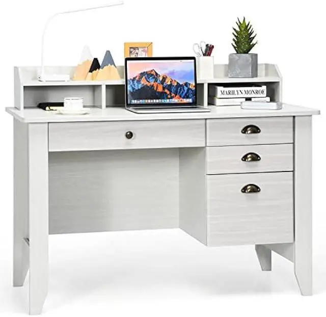 Main image of Tangkula White Desk with 4 Storage Drawers & Hutch, Home Office Computer Vintage Desk, Writing Study Table with Storage Shelves, Wooden Executive Desk (White)