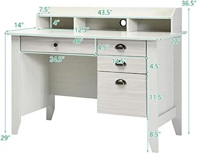 Alt view image 3 of 5 - Tangkula White Desk with 4 Storage Drawers & Hutch, Home Office Computer Vintage Desk, Writing Study Table with Storage Shelves, Wooden Executive Desk (White)