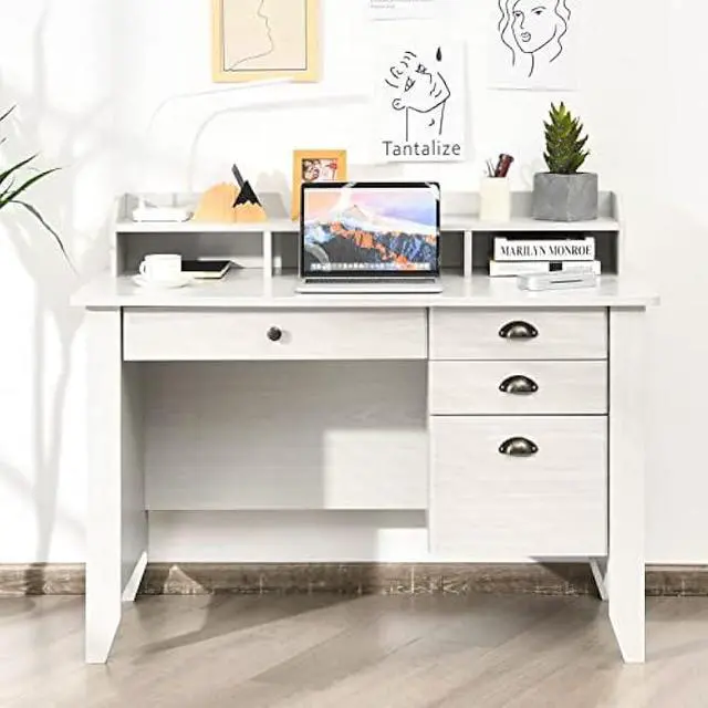Alt view image 4 of 5 - Tangkula White Desk with 4 Storage Drawers & Hutch, Home Office Computer Vintage Desk, Writing Study Table with Storage Shelves, Wooden Executive Desk (White)