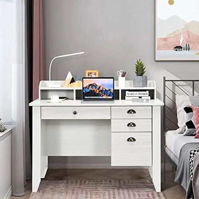 Alt view image 5 of 5 - Tangkula White Desk with 4 Storage Drawers & Hutch, Home Office Computer Vintage Desk, Writing Study Table with Storage Shelves, Wooden Executive Desk (White)