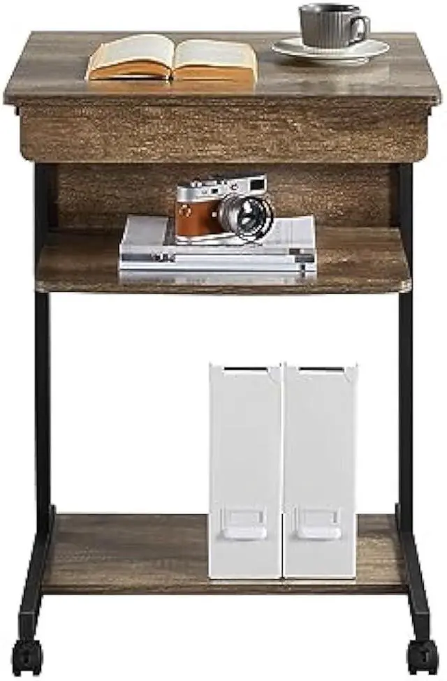 Alt view image 4 of 5 - Yaheetech Small Rolling Computer Desk with Storage Drawer, Rolling Home Office Computer Desk with Keyboard Tray, Laptop Desk with Wheels and Drawer, Taupe Wood