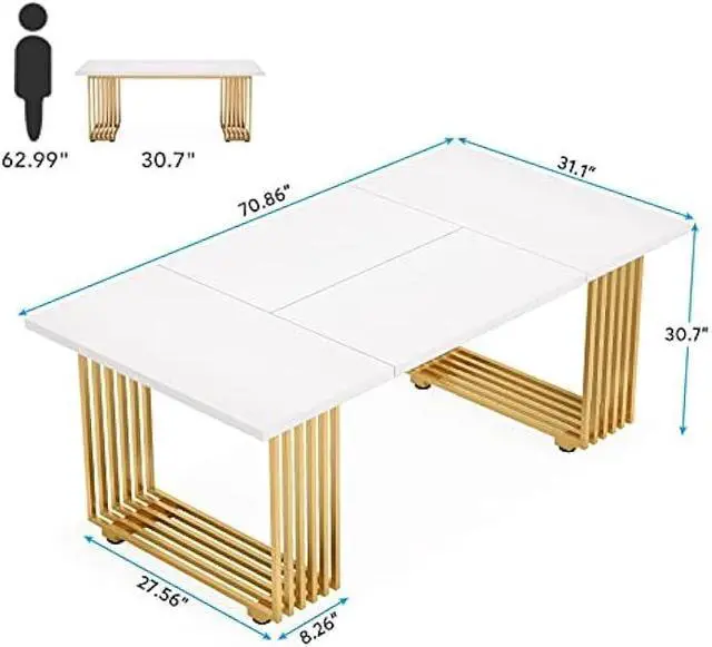 Alt view image 2 of 5 - Tribesigns 70.9 Modern Office Desk, Wooden Computer Desk, White Executive Desk with Gold Metal Legs, Large Workstation for Home Office, Study Writing Desk, Small Conference Table for Meeting Room