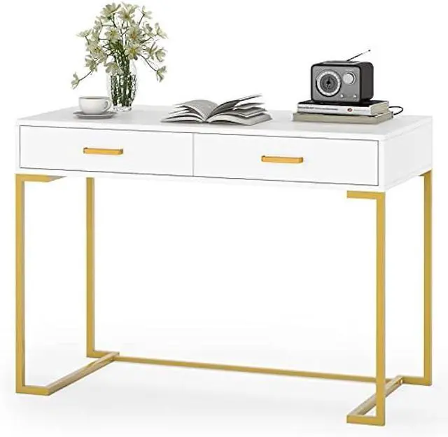 Main image of Tribesigns Computer Desk with 2 Drawers, White and Gold Desk Modern Writing Desk Study Table for Home Office, Bedroom, Small Space - Wood Top and Gold Metal Frame (White/Gold)