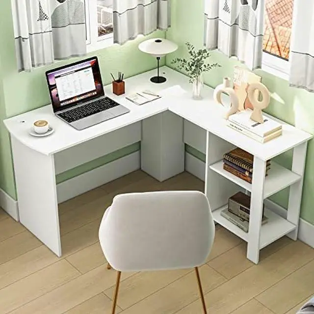 Alt view image 2 of 6 - Tangkula White L Shaped Desk with Storage Shelves, Wooden Corner Computer Desk, Space-Saving Home Office Workstation, Gaming Desk, Writing Study Desk, L Shaped Office Desk