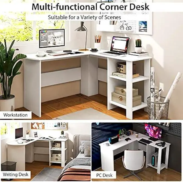 Alt view image 5 of 6 - Tangkula White L Shaped Desk with Storage Shelves, Wooden Corner Computer Desk, Space-Saving Home Office Workstation, Gaming Desk, Writing Study Desk, L Shaped Office Desk