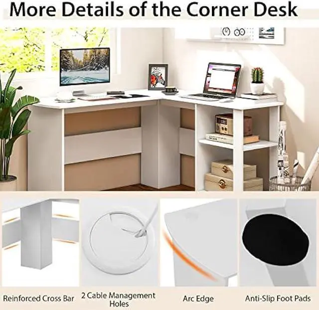 Alt view image 6 of 6 - Tangkula White L Shaped Desk with Storage Shelves, Wooden Corner Computer Desk, Space-Saving Home Office Workstation, Gaming Desk, Writing Study Desk, L Shaped Office Desk