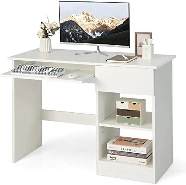 Main image of Tangkula White Desk with Drawer, Wooden Computer Desk with Pull-Out Keyboard Tray & Adjustable Storage Shelves, Modern Laptop PC Desk with CPU Stand, Writing Study Desk for Bedroom (White)