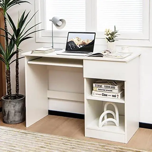 Alt view image 2 of 5 - Tangkula White Desk with Drawer, Wooden Computer Desk with Pull-Out Keyboard Tray & Adjustable Storage Shelves, Modern Laptop PC Desk with CPU Stand, Writing Study Desk for Bedroom (White)