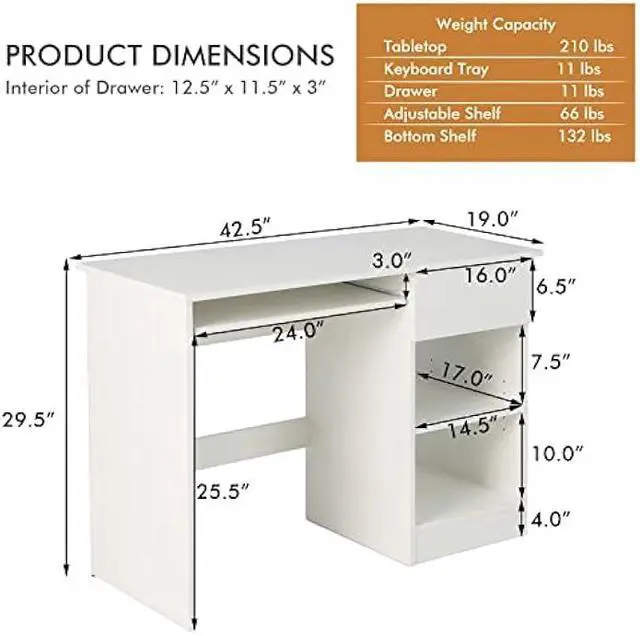 Alt view image 3 of 5 - Tangkula White Desk with Drawer, Wooden Computer Desk with Pull-Out Keyboard Tray & Adjustable Storage Shelves, Modern Laptop PC Desk with CPU Stand, Writing Study Desk for Bedroom (White)