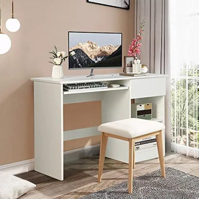 Alt view image 4 of 5 - Tangkula White Desk with Drawer, Wooden Computer Desk with Pull-Out Keyboard Tray & Adjustable Storage Shelves, Modern Laptop PC Desk with CPU Stand, Writing Study Desk for Bedroom (White)