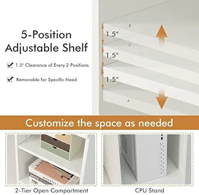 Alt view image 5 of 5 - Tangkula White Desk with Drawer, Wooden Computer Desk with Pull-Out Keyboard Tray & Adjustable Storage Shelves, Modern Laptop PC Desk with CPU Stand, Writing Study Desk for Bedroom (White)