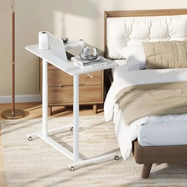 Alt view image 4 of 5 - Tangkula Mobile Standing Desk, C-Shaped Sit Stand Desk with Adjustable Height, Lockable Wheels & Metal Frame, Rolling Laptop Desk, Portable Computer Workstation for Small Space