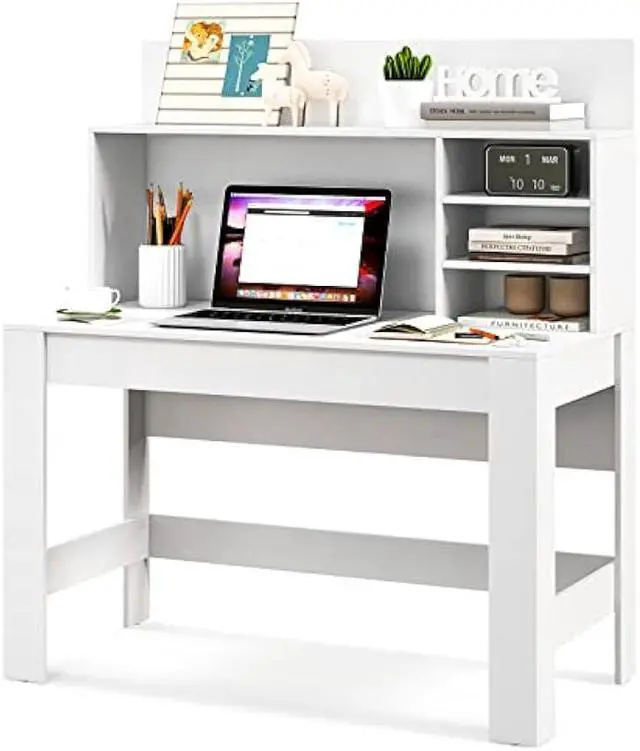 Main image of Tangkula White Desk with Hutch, Home Office Desk with Bookshelf, Writing Study Desk with Anti-Toppling Device & Cable Hole, Modern Computer Workstation PC Laptop Desk for Small Space, Bedroom