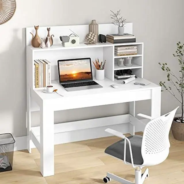 Alt view image 2 of 6 - Tangkula White Desk with Hutch, Home Office Desk with Bookshelf, Writing Study Desk with Anti-Toppling Device & Cable Hole, Modern Computer Workstation PC Laptop Desk for Small Space, Bedroom