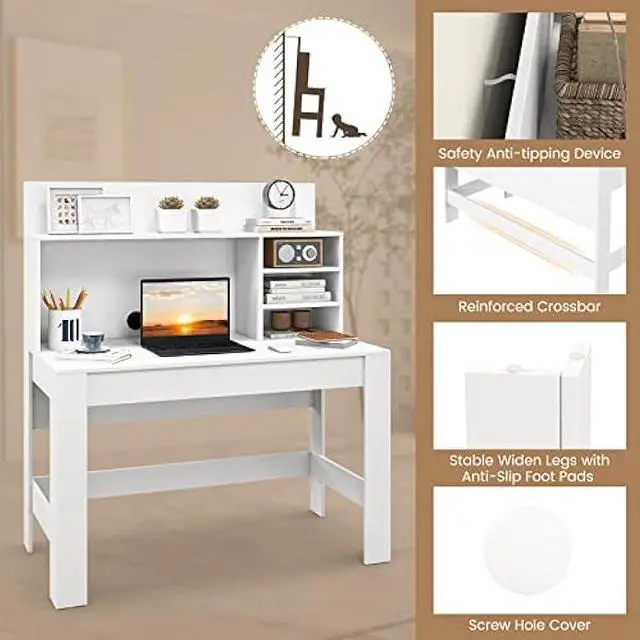 Alt view image 6 of 6 - Tangkula White Desk with Hutch, Home Office Desk with Bookshelf, Writing Study Desk with Anti-Toppling Device & Cable Hole, Modern Computer Workstation PC Laptop Desk for Small Space, Bedroom