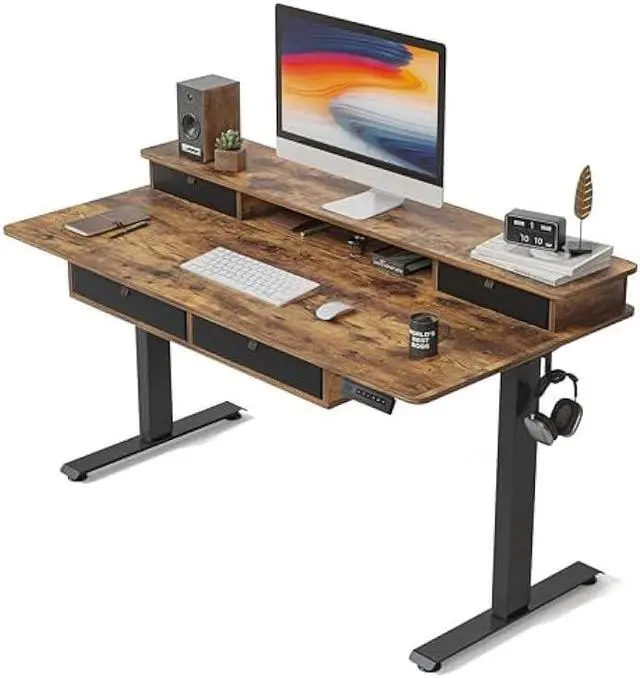 Main image of FEZIBO 55 x 30 inch Electric Standing Desk Adjustable Height with 4 Drawers, Sit Stand Desk, Home Office Stand Up Table with 4 Height-Adjustable Feets & 2 Hooks,Rustic Brown Top, 55 inch