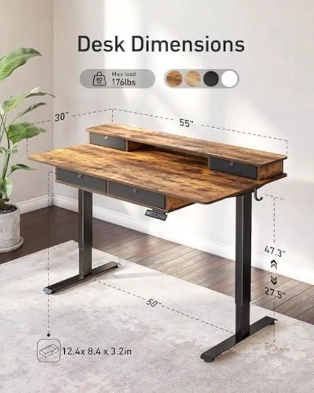 Alt view image 3 of 5 - FEZIBO 55 x 30 inch Electric Standing Desk Adjustable Height with 4 Drawers, Sit Stand Desk, Home Office Stand Up Table with 4 Height-Adjustable Feets & 2 Hooks,Rustic Brown Top, 55 inch