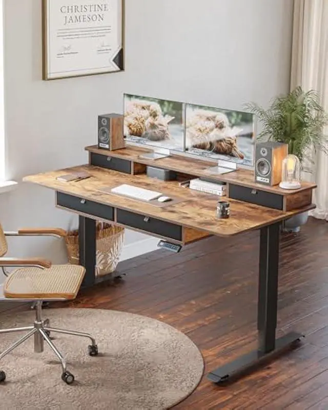 Alt view image 2 of 5 - FEZIBO 55 x 30 inch Electric Standing Desk Adjustable Height with 4 Drawers, Sit Stand Desk, Home Office Stand Up Table with 4 Height-Adjustable Feets & 2 Hooks,Rustic Brown Top, 55 inch