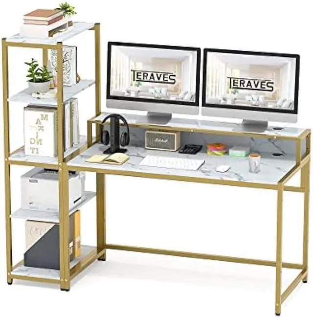 Main image of Teraves Computer Desk with 5 Tier Shelves,Reversible Writing Desk with Storage 49 Inch Study Table for Home Office Independent Bookcase and Desk for Multiple Scenes (White Marbling+ Gold Frame)