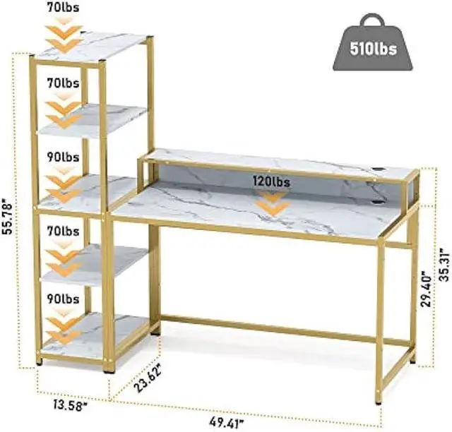 Alt view image 3 of 6 - Teraves Computer Desk with 5 Tier Shelves,Reversible Writing Desk with Storage 49 Inch Study Table for Home Office Independent Bookcase and Desk for Multiple Scenes (White Marbling+ Gold Frame)