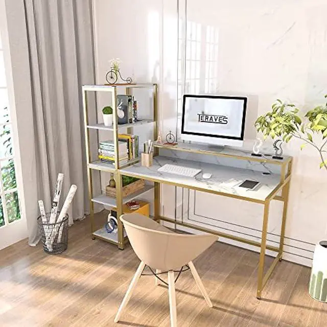 Alt view image 2 of 6 - Teraves Computer Desk with 5 Tier Shelves,Reversible Writing Desk with Storage 49 Inch Study Table for Home Office Independent Bookcase and Desk for Multiple Scenes (White Marbling+ Gold Frame)