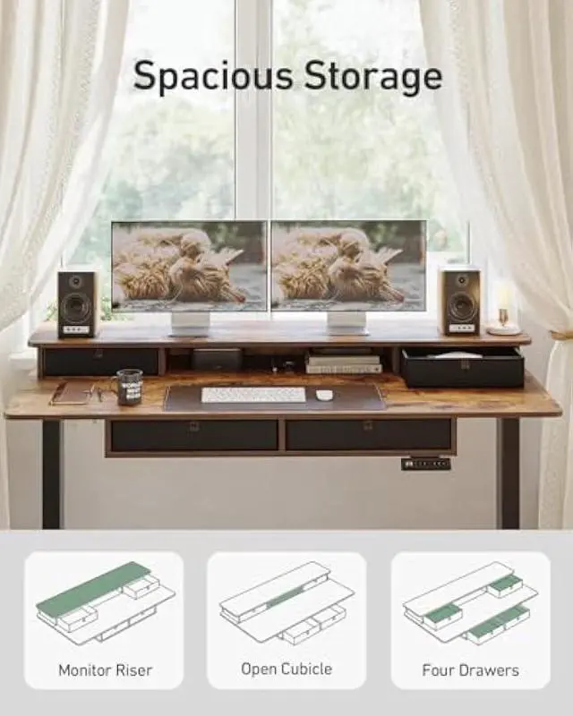 Alt view image 5 of 5 - FEZIBO 55 x 30 inch Electric Standing Desk Adjustable Height with 4 Drawers, Sit Stand Desk, Home Office Stand Up Table with 4 Height-Adjustable Feets & 2 Hooks,Rustic Brown Top, 55 inch