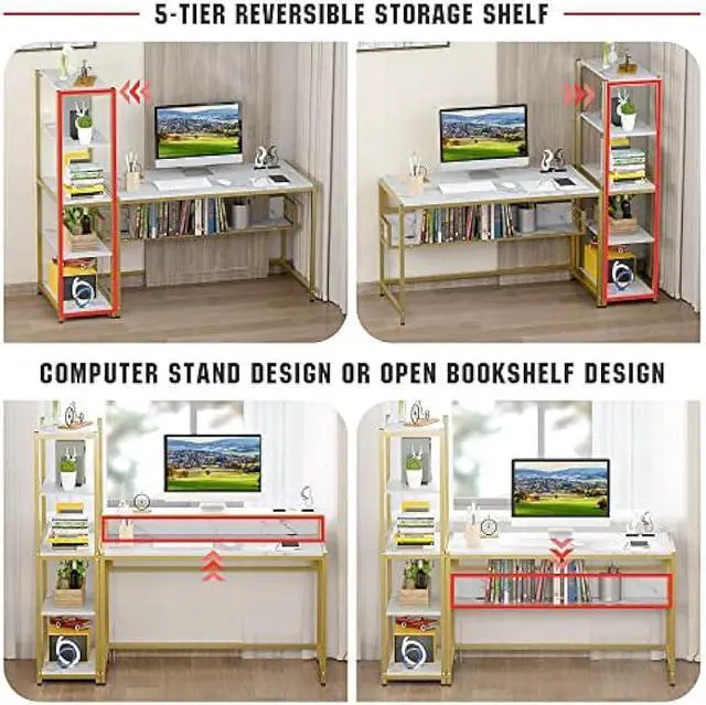 Alt view image 5 of 6 - Teraves Computer Desk with 5 Tier Shelves,Reversible Writing Desk with Storage 49 Inch Study Table for Home Office Independent Bookcase and Desk for Multiple Scenes (White Marbling+ Gold Frame)