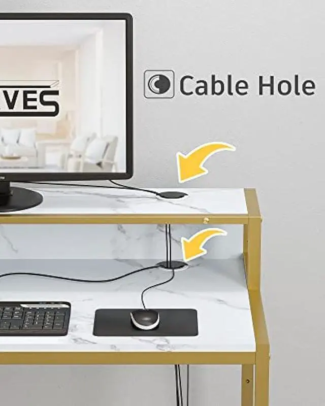 Alt view image 4 of 6 - Teraves Computer Desk with 5 Tier Shelves,Reversible Writing Desk with Storage 49 Inch Study Table for Home Office Independent Bookcase and Desk for Multiple Scenes (White Marbling+ Gold Frame)