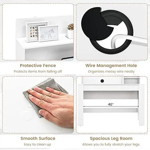 Alt view image 5 of 6 - Tangkula White Desk with Hutch, Home Office Desk with Bookshelf, Writing Study Desk with Anti-Toppling Device & Cable Hole, Modern Computer Workstation PC Laptop Desk for Small Space, Bedroom