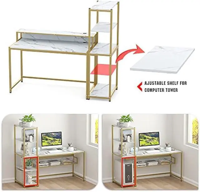 Alt view image 6 of 6 - Teraves Computer Desk with 5 Tier Shelves,Reversible Writing Desk with Storage 49 Inch Study Table for Home Office Independent Bookcase and Desk for Multiple Scenes (White Marbling+ Gold Frame)