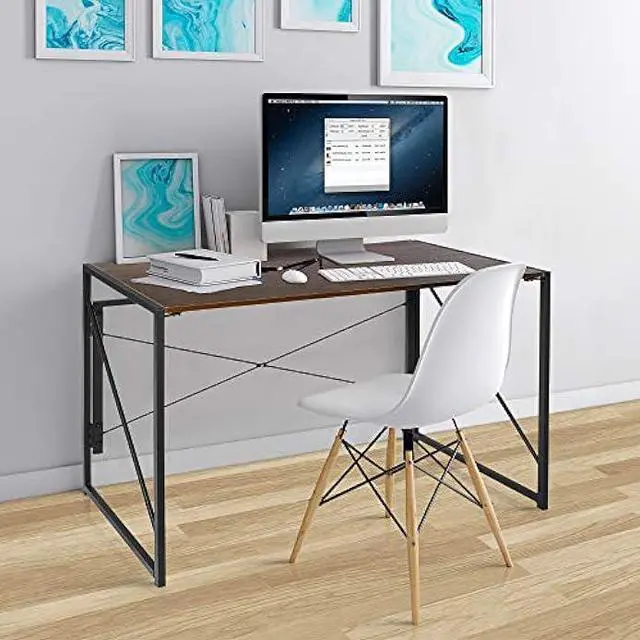 Main image of SUPER DEAL 40 inch Folding Computer Writing Desk Wood and Metal Study Desk, PC Laptop Home Office Study Table, Espresso