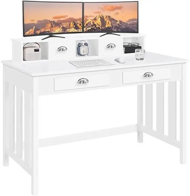 Main image of Yaheetech 47 Inch Large Computer Desk, White Home Office Workstation with 4 Storage Drawers, Modern PC Work Table 23 Deep with Monitor Stand for Screen, Wood Stable Executive Table with Large Desktop