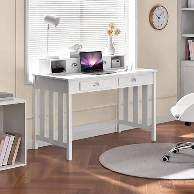 Alt view image 2 of 6 - Yaheetech 47 Inch Large Computer Desk, White Home Office Workstation with 4 Storage Drawers, Modern PC Work Table 23 Deep with Monitor Stand for Screen, Wood Stable Executive Table with Large Desktop