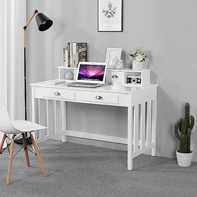 Alt view image 4 of 6 - Yaheetech 47 Inch Large Computer Desk, White Home Office Workstation with 4 Storage Drawers, Modern PC Work Table 23 Deep with Monitor Stand for Screen, Wood Stable Executive Table with Large Desktop
