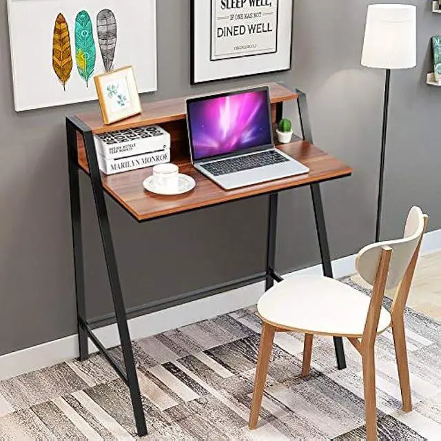 Alt view image 2 of 5 - Tangkula Small Computer Desk, Compact Home Office Desk with Sturdy Frame, 2 Tier Study Writing Table for Small Place Apartment Office, Desk for Bedroom, Kids Desk
