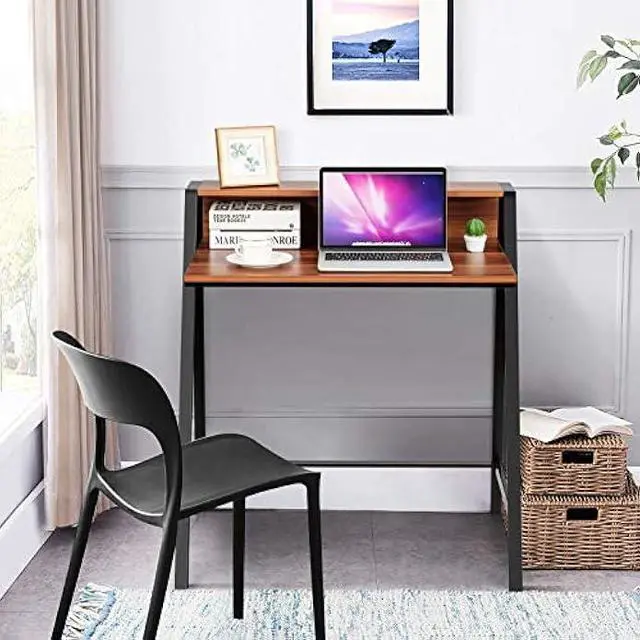 Alt view image 3 of 5 - Tangkula Small Computer Desk, Compact Home Office Desk with Sturdy Frame, 2 Tier Study Writing Table for Small Place Apartment Office, Desk for Bedroom, Kids Desk