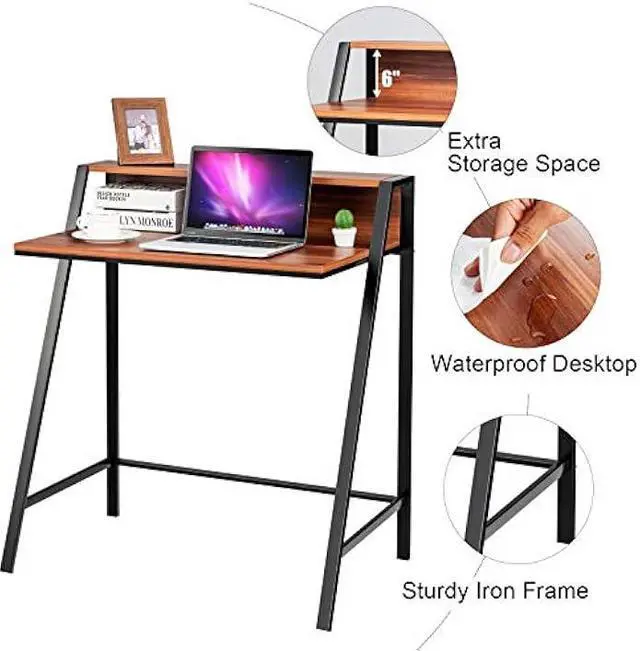 Alt view image 4 of 5 - Tangkula Small Computer Desk, Compact Home Office Desk with Sturdy Frame, 2 Tier Study Writing Table for Small Place Apartment Office, Desk for Bedroom, Kids Desk