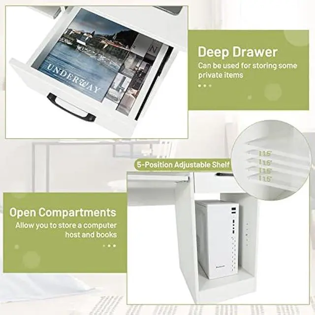 Alt view image 3 of 5 - Tangkula White Computer Desk with Keyboard Tray & Drawer, Modern Wooden Study Writing Desk with Storage Shelves & Hutch for Home Office or Kids' Bedroom