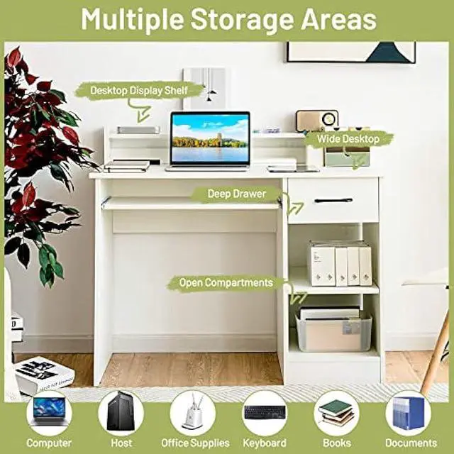 Alt view image 2 of 5 - Tangkula White Computer Desk with Keyboard Tray & Drawer, Modern Wooden Study Writing Desk with Storage Shelves & Hutch for Home Office or Kids' Bedroom